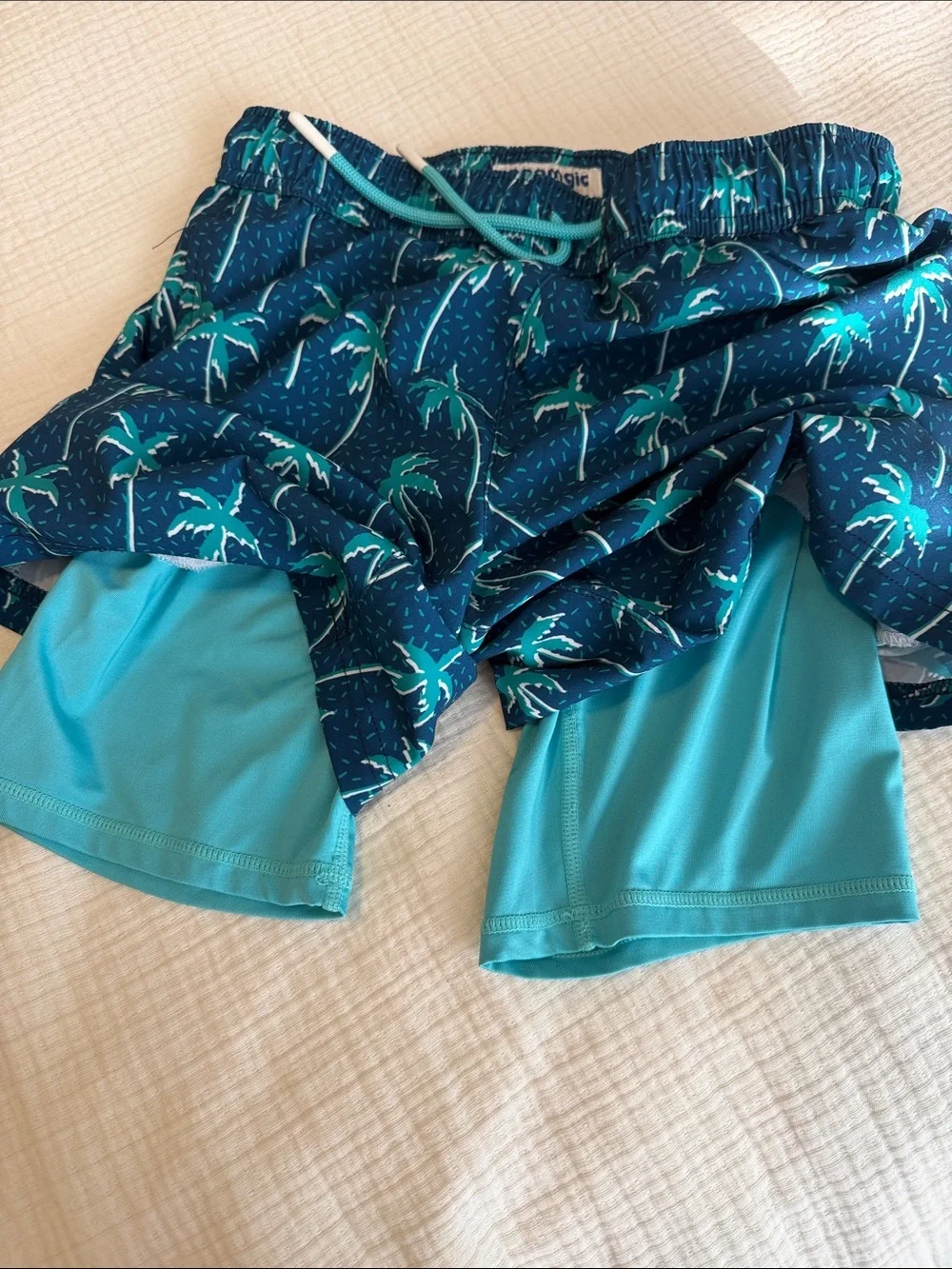 Kids Blue Palm-Print Swim Trunks with Drawstring